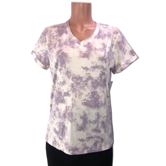 West Loop Tops - NWT NEW West Loop Shirt Sz L Purple White Floral Print Ruffle Short Sleeve Soft